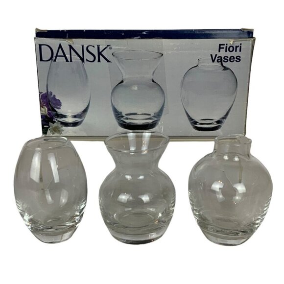 Set Of 3 Dansk Fiori Clear Glass Mini Vases For Flowers Fresh Herbs Original Box - Picture 1 of 4